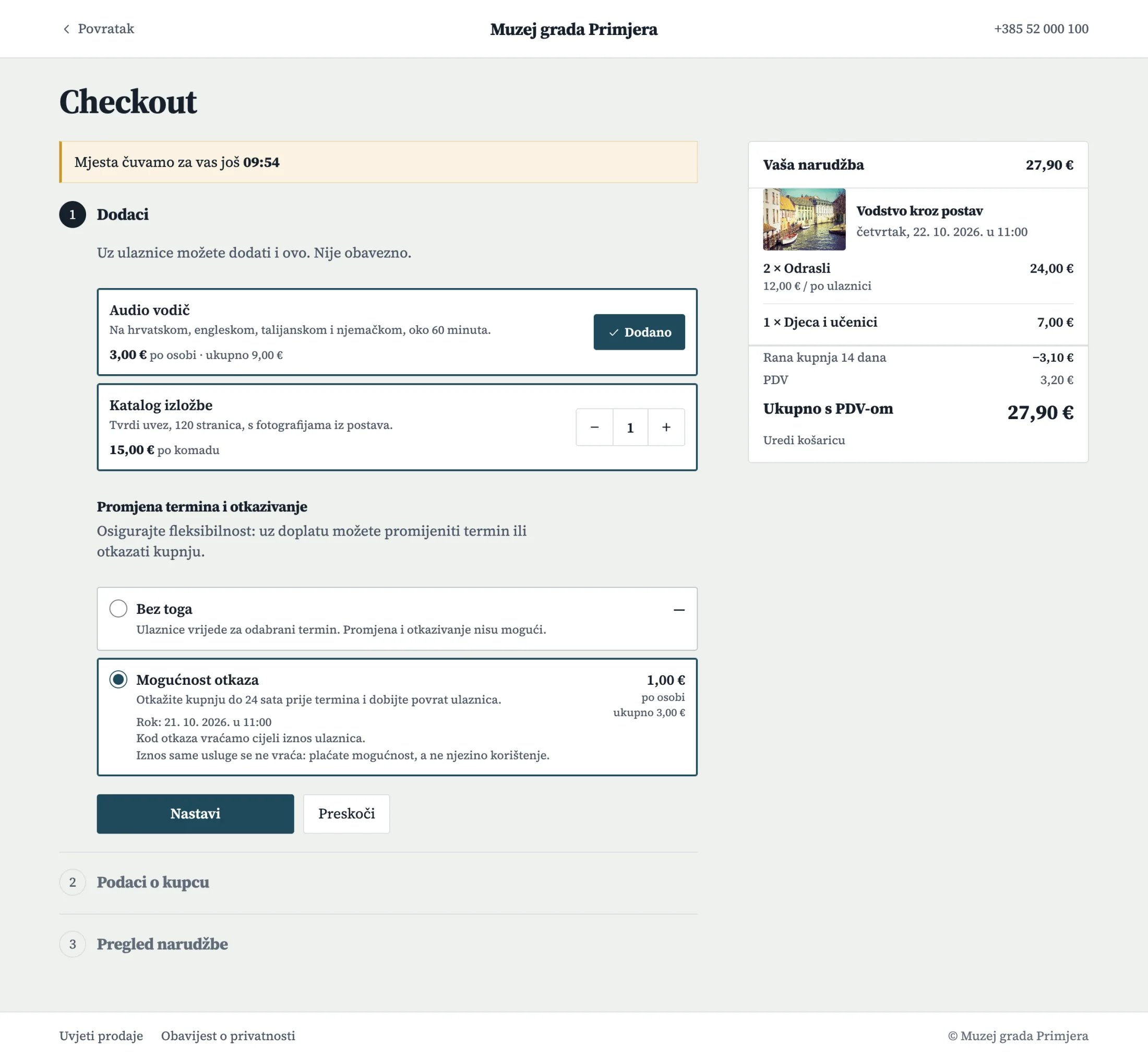 Korak Dodaci u checkoutu: audio vodič i katalog s cijenom, a ispod mogućnost otkaza