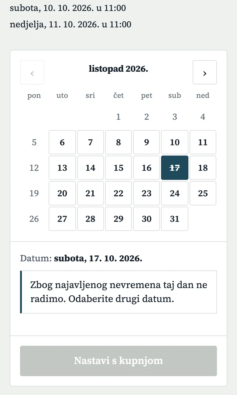 Kalendar webshopa na mobitelu: zatvoren dan i poruka kupcu zbog najavljenog nevremena